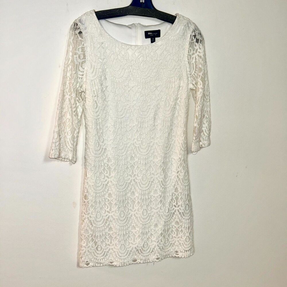 Rn Studio by Ronni Nicole Dress Womens 8 White Lace Detail 3/4 Sleeve Minimalist